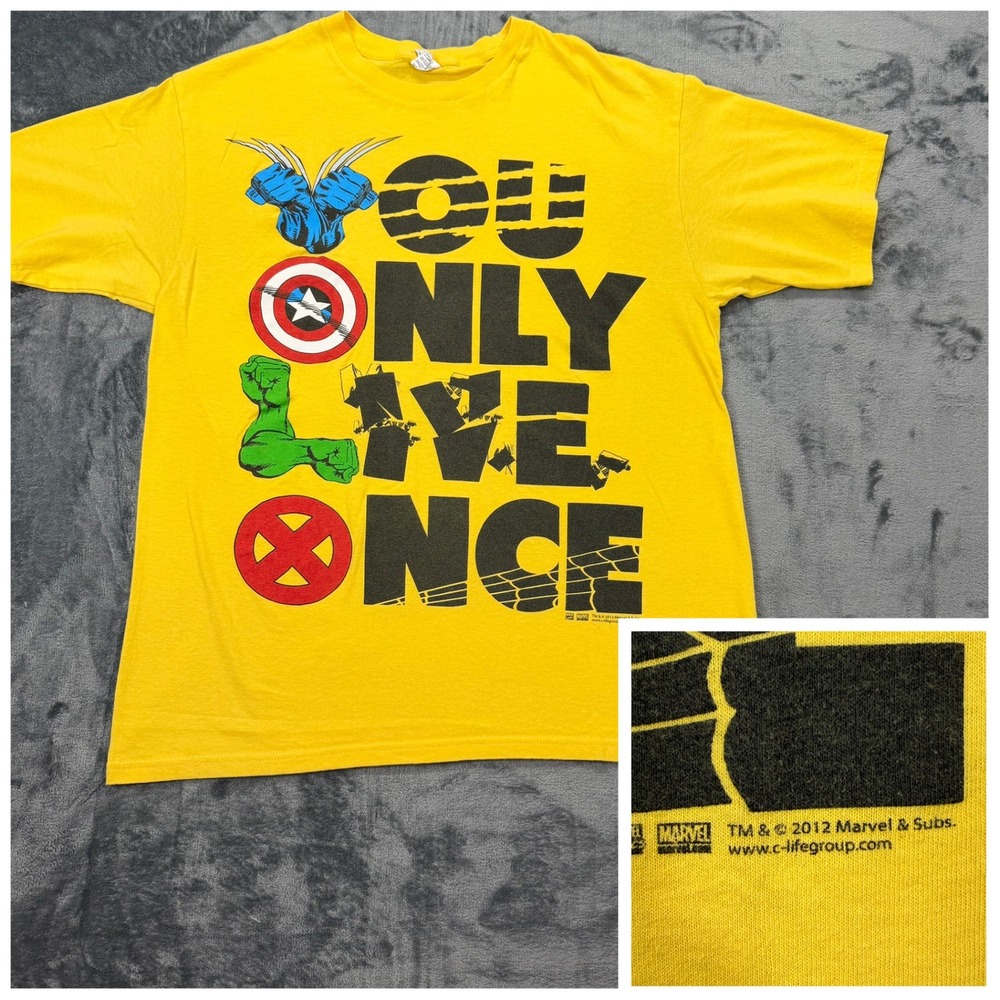 2012 Marvel Comics YOLO‎ Graphic T-Shirt Mens Large Yellow Avengers X-Men